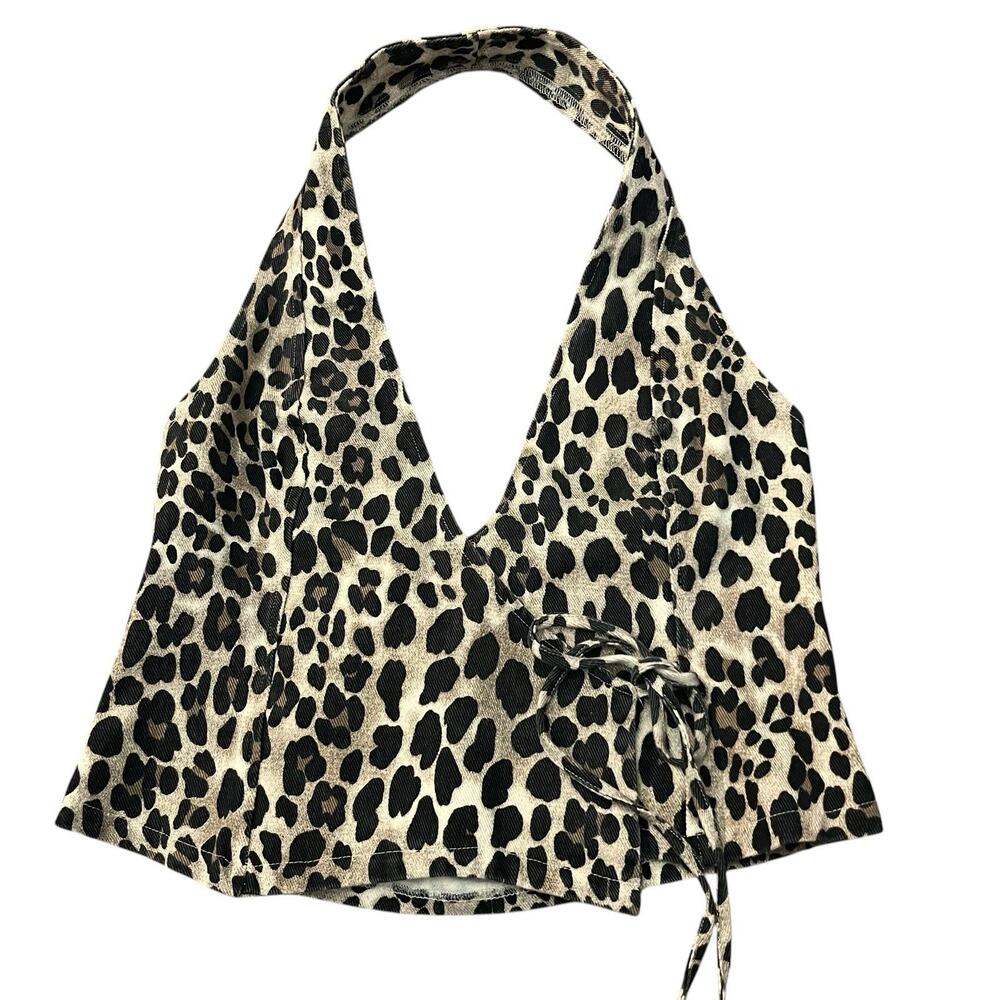 Princess Polly Feel This Way Denim Wrap Top 8 Leopard Print Halter Neck Cropped